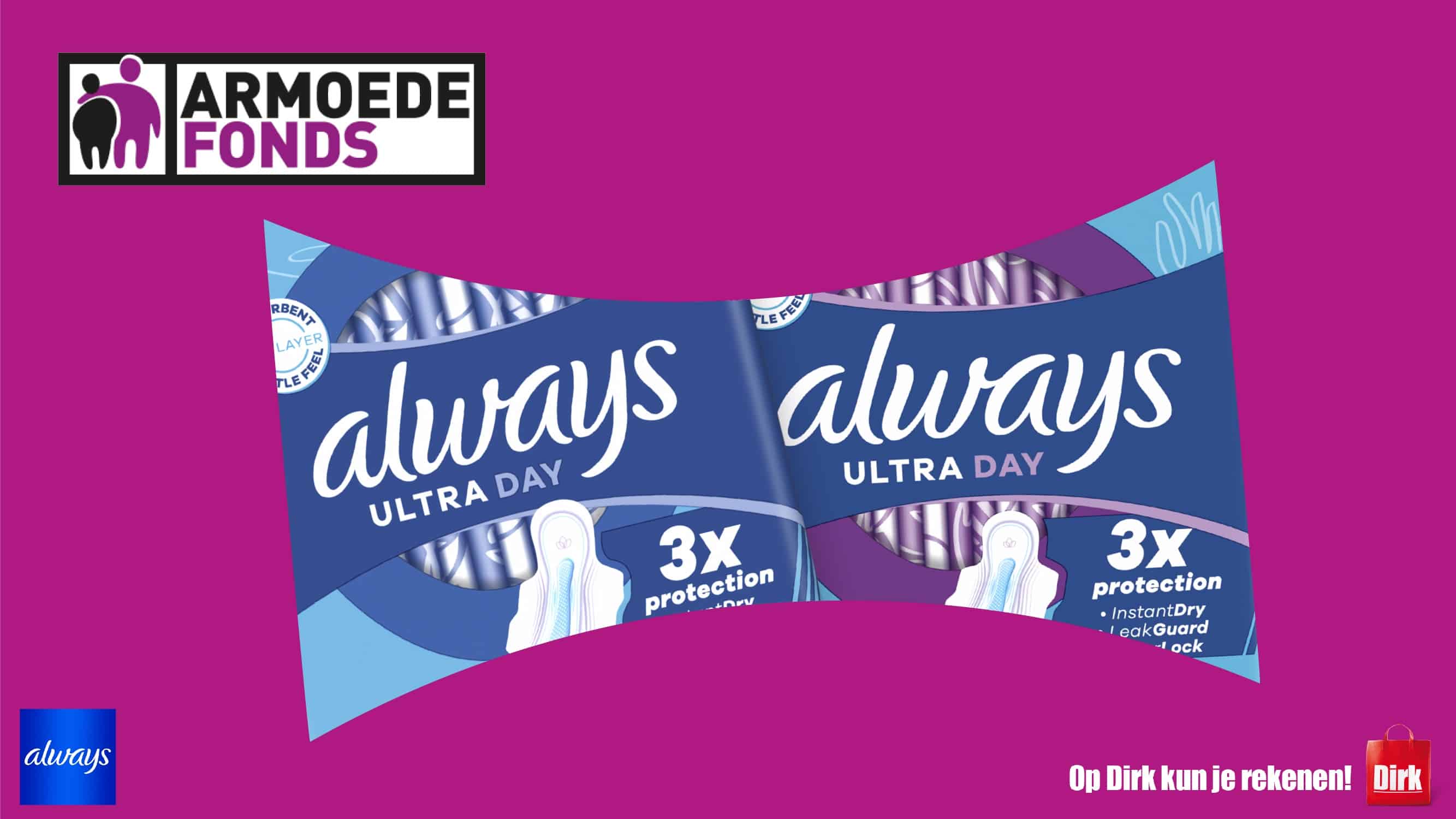 Actie menstruatiearmoede sept 2024 - Header Always jpg Paarse afbeelding met pakjes Always maandverband