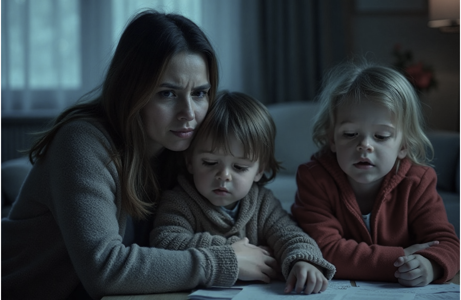 Noodfonds Energie Gezin Vrouw met twee kinderen in een koud uitziend huis. Ze dragen dikke truien.